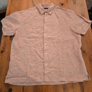 PERRY ELLIS 100% Linen Button Up Short Sleeve Shirt size XXL Salmon and Orange